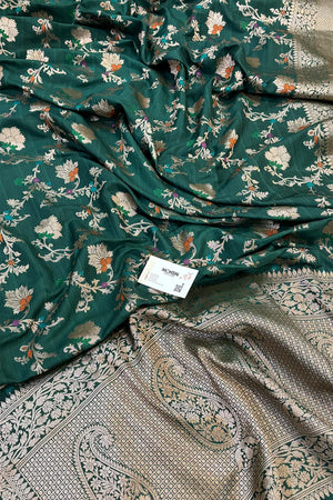 Bottle Green Golden Zari Silky Banarasi Saree
