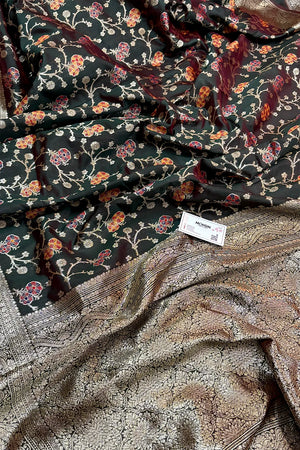 Bottle Green Golden Zari Silky Banarasi Saree