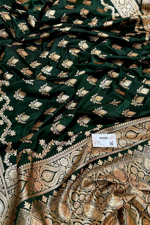Bottle Green Ruby Buti Katan Silk Banarasi Saree