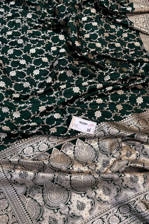 Bottle Green Vardhman Jaal Katan Silk Banarasi Saree