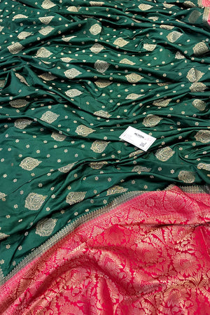 Bottle Green and Red Golden Zari Silky Banarasi Saree