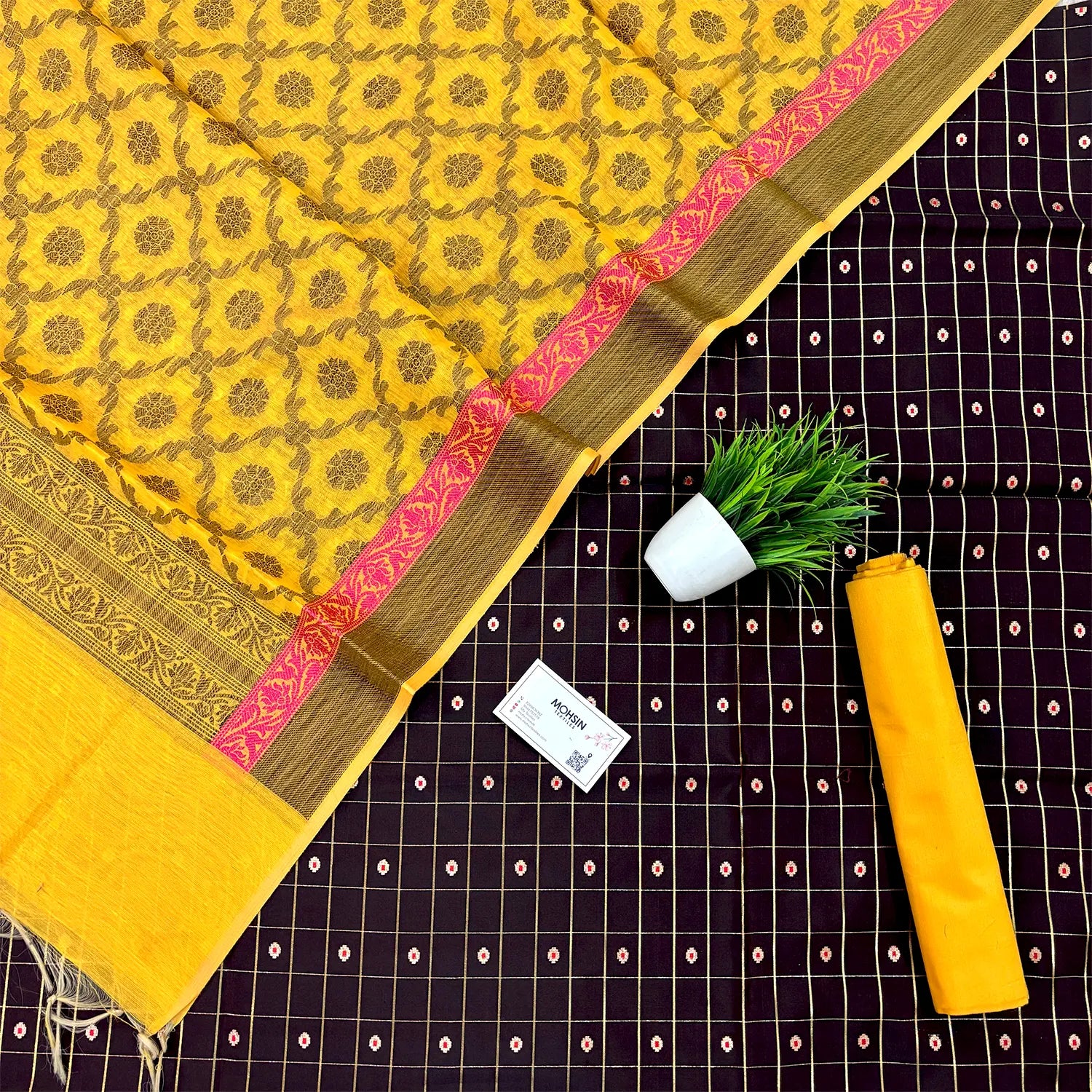 Brown Shataranj Banarasi Silk Suit With Yellow Dupatta