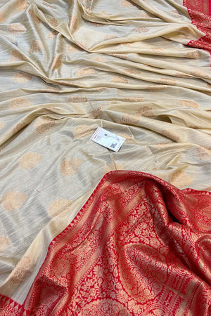 Cream and Red Golden Zari Linen Silk Banarasi Saree