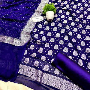 Dark Blue Handloom Georgette Silk Banarasi Suit
