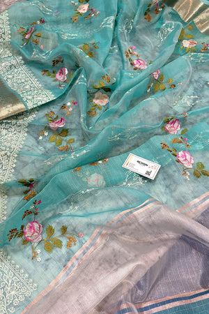 Firozi Embroidery Tissue Silk Banarasi Saree