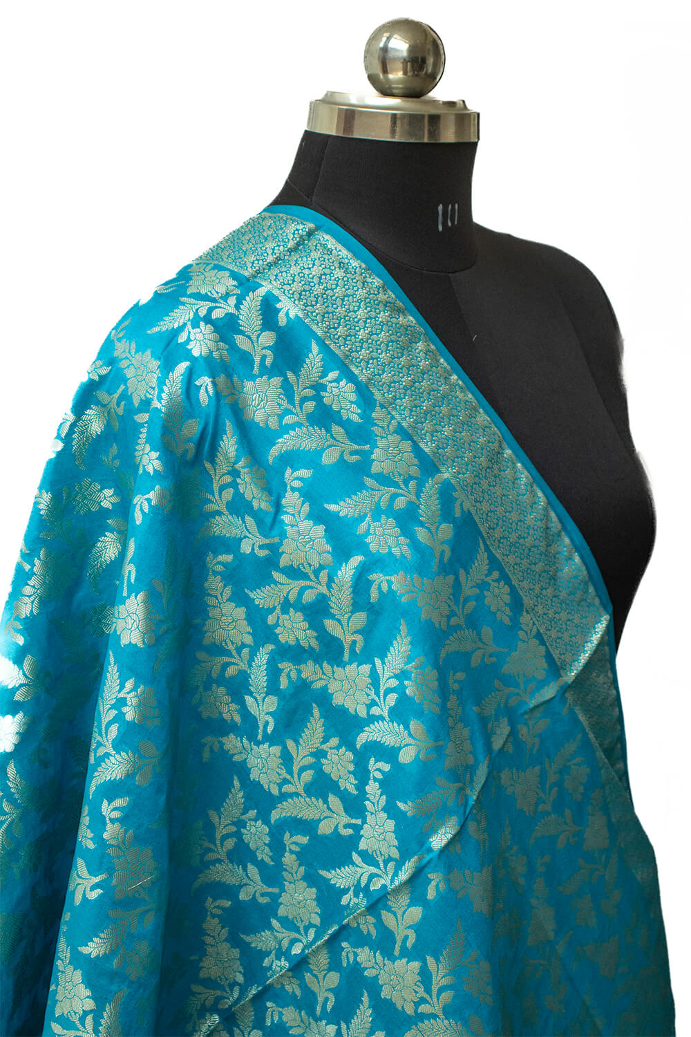 Firozi Golden Zari Katan Silk Banarasi Dupatta