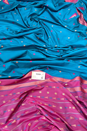 Firozi and Pink Resham Zari Banarasi Silk Saree