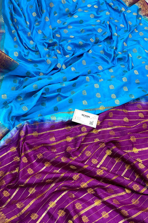 Firozi and Purple Golden Zari Silky Banarasi Saree