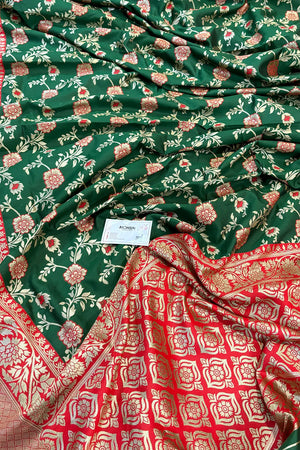 Green and Red Resham Zari Silky Banarasi Saree