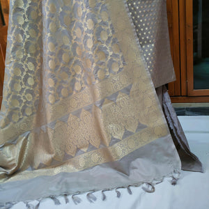 Grey Chunri Pattern Katan Silk Banarasi Suit