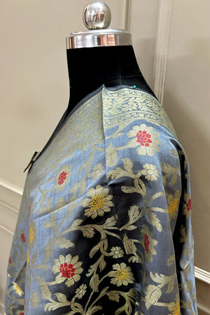 Grey Golden Zari Banarasi Silk Dupatta