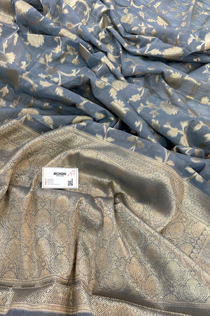 Grey Lotus Jaal Chanderi Silk Banarasi Saree