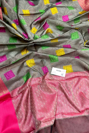 Grey and Pink Chanderi Silk Banarasi Saree