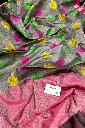 Grey and Pink Chanderi Silk Banarasi Saree
