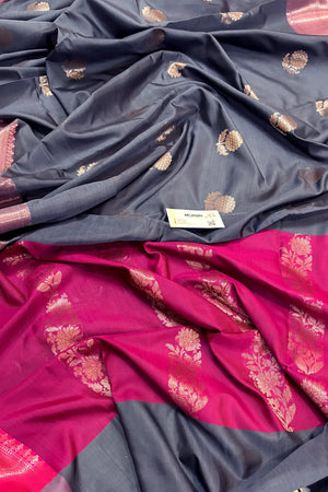 Grey and Pink Golden Zari Banarasi Silk Saree
