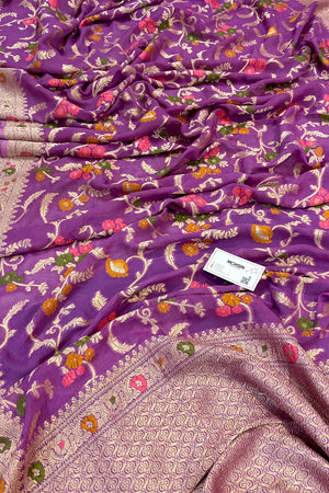 Lavender Golden Zari Georgette Silk Banarasi Saree