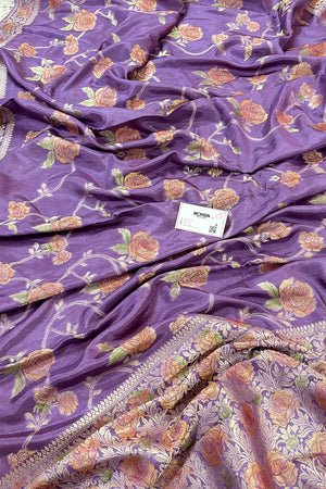 Lavender Rosy Jaal Georgette Silk Banarasi Saree