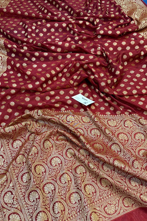 Maroon Golden Zari Chanderi Silk Banarasi Saree