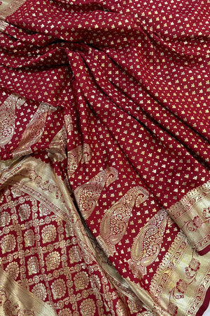 Maroon Golden Zari Satin Silk Banarasi Saree