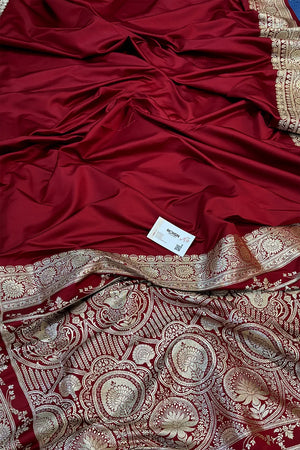 Maroon Plain Golden Zari Katan Silk Banarasi Saree