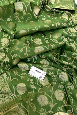 Mehendi Golden Zari Satin Silk Banarasi Dupatta