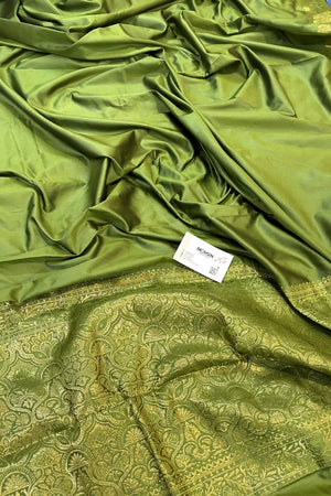 Mehendi Plain Golden Zari Silky Banarasi Saree