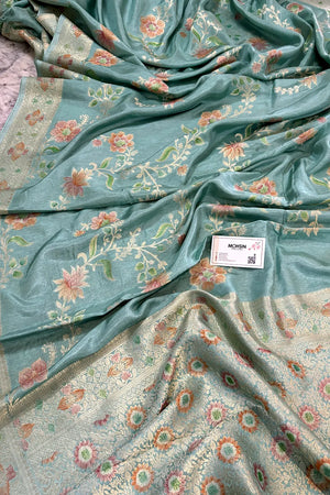 Mint Green Shakahari Jaal Georgette Silk Banarasi Saree