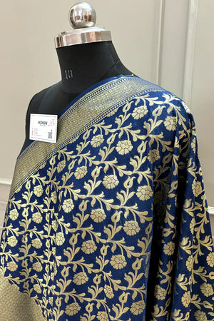 Navy Blue Golden Zari Satin Silk Banarasi Dupatta