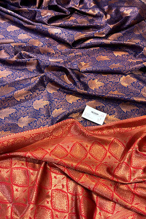Navy Blue and Maroon Resham Zari Silky Banarasi Saree