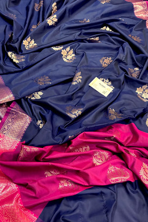 Navy Blue and Pink Golden Zari Banarasi Silk Saree