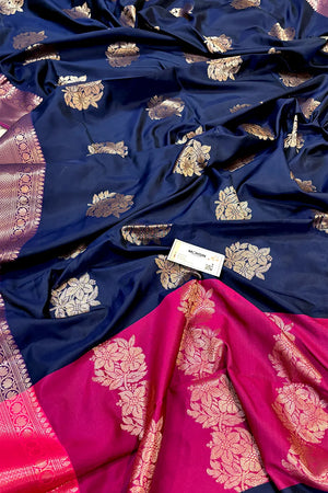 Navy Blue and Pink Golden Zari Banarasi Silk Saree