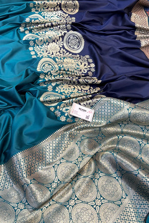 Navy Blue and Teal Golden Zari Satin Silk Banarasi Saree