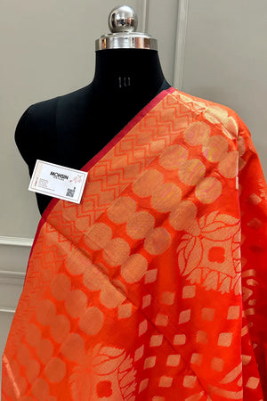 Orange Golden Zari Banarasi Silk Dupatta