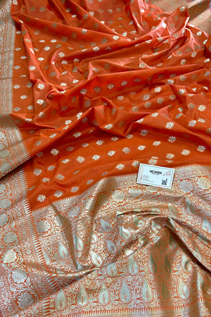 Orange Golden Zari Crepe Silk Banarasi Saree