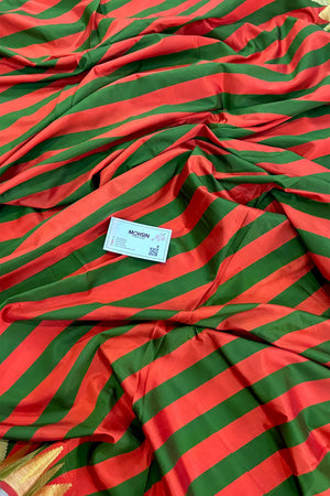 Orange and Mehendi Stripe Plain Satin Silk Banarasi Saree