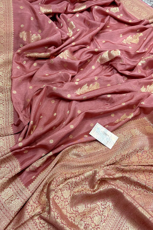 Peach Golden Zari Georgette Silk Banarasi Saree