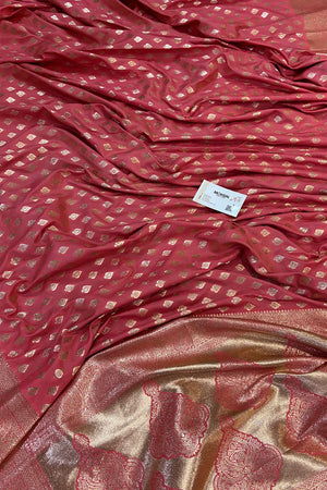 Peach Golden Zari Silky Banarasi Saree