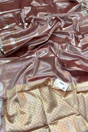 Peach Golden Zari Tissue Silk Banarasi Saree