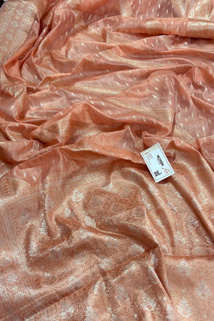 Peach Resham Zari Banarasi Silk Saree