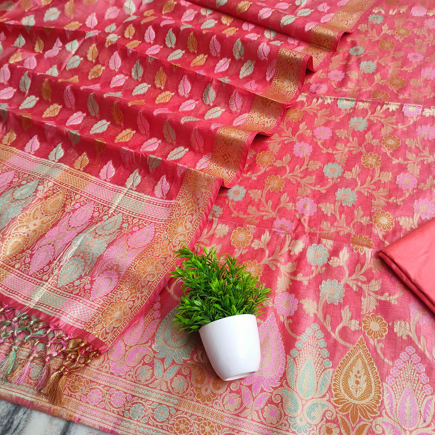 Peach Tilfi Meenakari Satin Silk Banarasi Suit