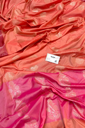 Peach and Pink Golden Zari Banarasi Silk Saree