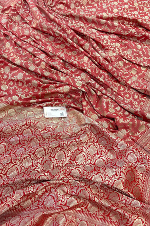 Peach and Red Gulabi Jaal Katan Silk Banarasi Saree