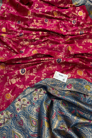 Pink and Blue Golden Zari Silky Banarasi Saree