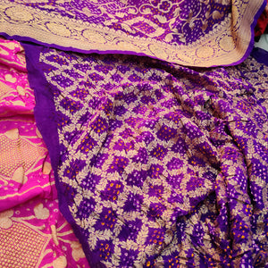 Pink and Purple Handloom Georgette Silk Bandhej Lahenga