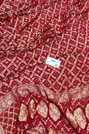Pinkish Red Bandhej Georgette Silk Banarasi Saree