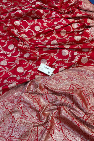 Pinkish Red Laabela Jaal Katan Silk Banarasi Saree