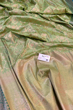 Pista Golden Zari Cotton Silk Banarasi Saree