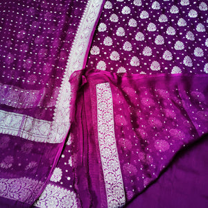 Purple Silver Zari Georgette Silk Banarasi Suit