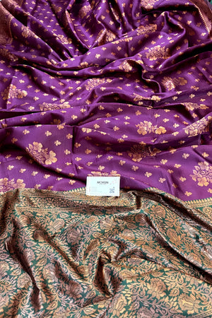 Purple and Bottle Green Golden Zari Banarasi Silk Saree