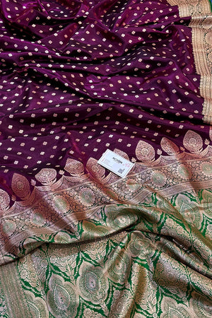 Purple and Green Makkhi Buti Satin Silk Banarasi Saree